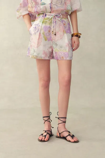 Fabrique Yori Handpainted Floral Print Sheer Beaded  Belt Shorts In Silk Linen Blend In Multi