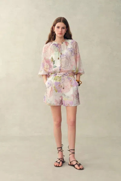 Fabrique Yori Handpainted Floral Print Sheer Beaded Puff Sleeve Blouse And Shorts Set In Silk Linen Blend In Multi