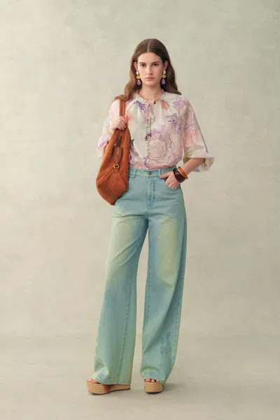 Fabrique Yori Handpainted Floral Print Sheer Beaded Puff Sleeve Blouse In Silk Linen Blend In Pink