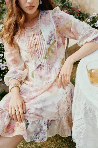 Fabrique Yori Handpainted Wavy Ruffle Babydoll Dress In Silk Linen Blend In Neutral