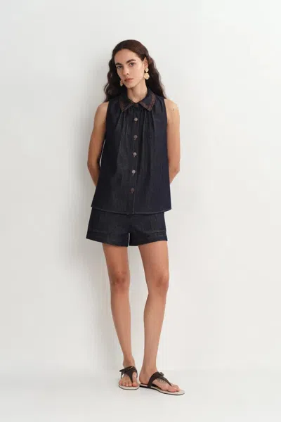 Fabrique Zach Sleeveless Top And Shorts Matching Set In Silk-cotton Denim In Blue