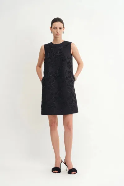 Fabrique Zhen Ribbon Embroidery Short Sleeveless Dress In Silk-wool Satin In Blue