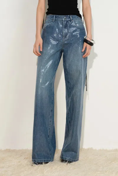 Fabrique Zia Sequin Embellished Barrel Leg Jeans In Cotton Denim In Blue