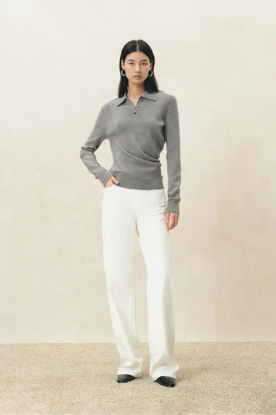 Fabrique Zoe Cinched Waist Polo Top In Wool Blend Knit In Grey
