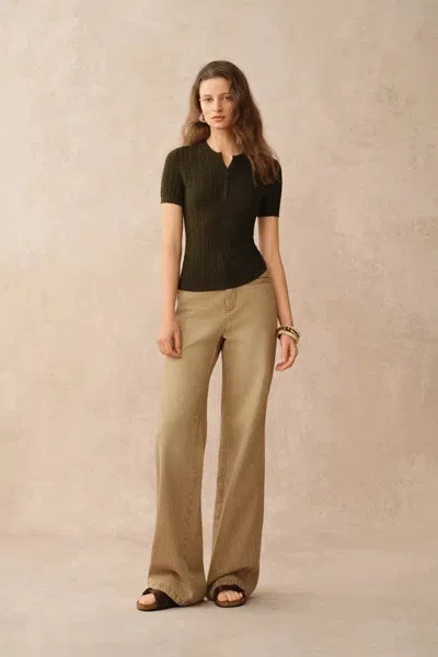 Fabrique Zofia Dark Brown Henley Buttoned Top In Merino Wool In Green