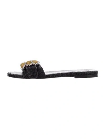 Pre-owned Fabrizio Viti Raffia Leather Trim Embellishment Slides In Black