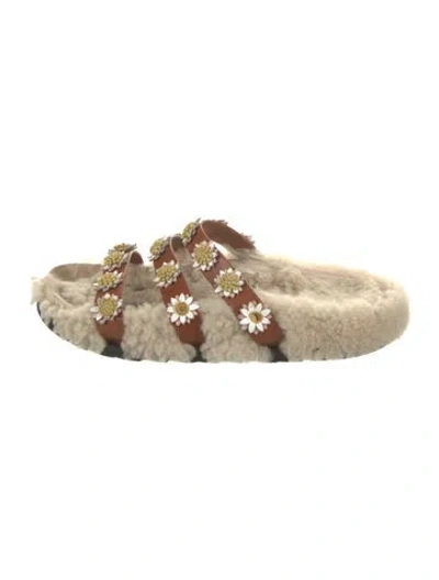 Pre-owned Fabrizio Viti Shearling Floral Print Slides In Brown/neutrals/yellow