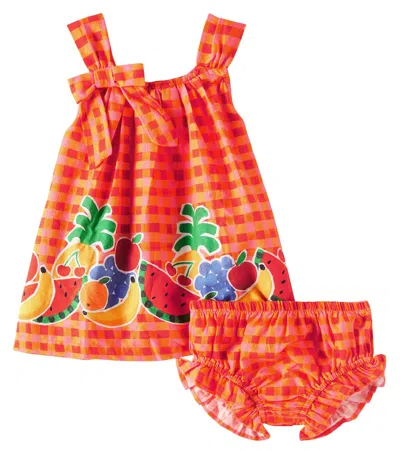 Fabula Baby Checked Cotton Dress And Bloomers Set In Orange