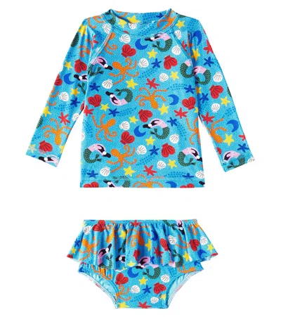 Fabula Baby Floral Rashguard And Bikini Bottoms Set In Blue