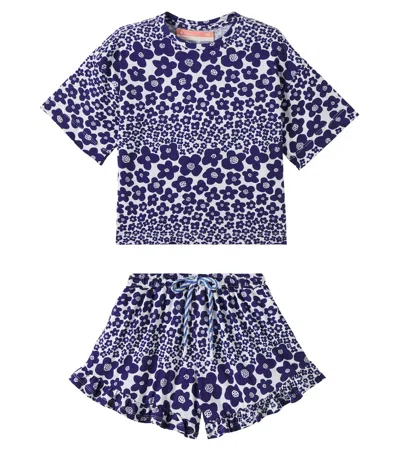 Fabula Kids' Fábula Flor Bela Cotton Shirt And Shorts Set In Blue