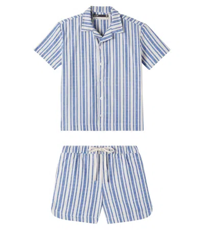 Fabula Kids' Striped Cotton Bowling Shirt And Shorts Set In Blue
