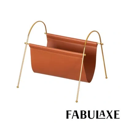 Fabulaxe 12-in Gold-tone Metal Frame  With Brown Leatherette Sling Magazine Holder For Living Rooms, Home Off In Brown;gold