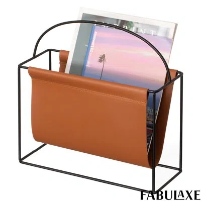 Fabulaxe Arch Gold-tone Metal Magazine Rack With Brown Faux Leather Sling Freestanding Organizer For Magazine