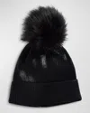Fabulous Furs Metallic Ribbed Beanie With Faux Fur Pom In Black