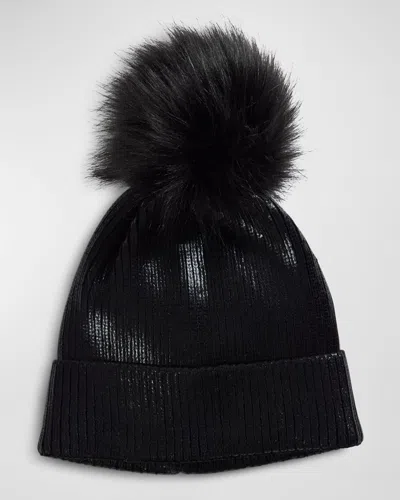 Fabulous Furs Metallic Ribbed Beanie With Faux Fur Pom In Black