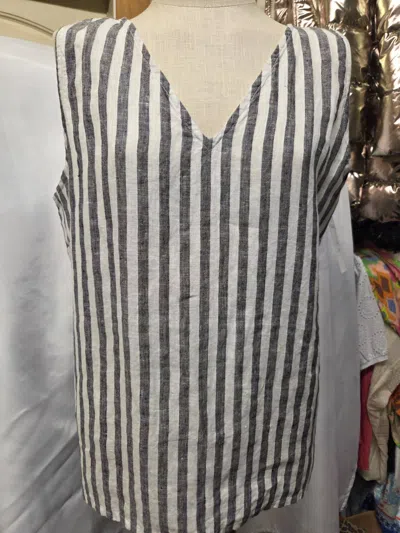 Fabulous Mj New York Women's Linen V Neck Tank In Black/white Stripe In Gray