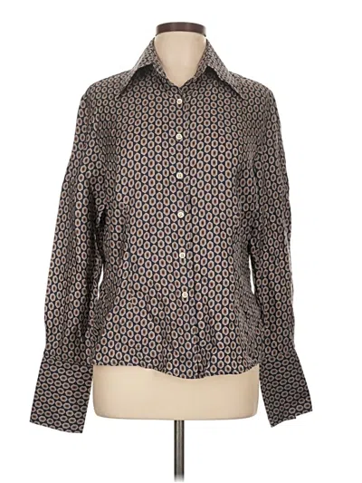 Pre-owned Façonnable Long Sleeve Silk Top Brown Tweed Pattern Square Neckline Tops