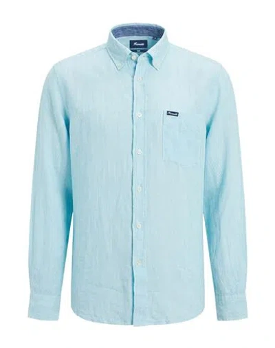 Façonnable Man Shirt Turquoise Size M Linen In Blue