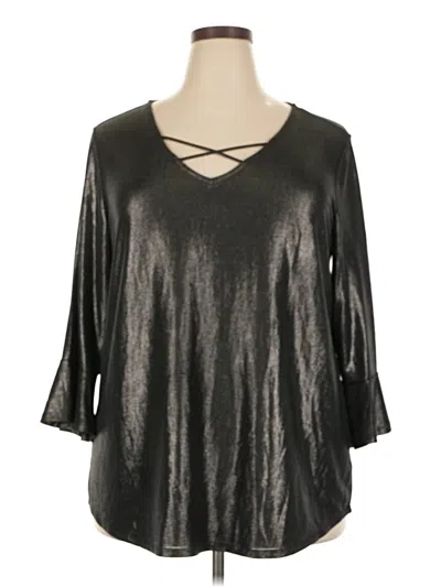 Pre-owned Faded Glory 3/4 Sleeve Top Silver Metallic Pattern Keyhole Neckline Tops