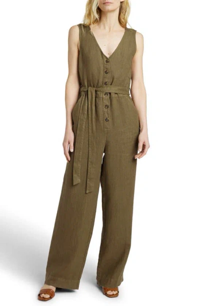 Faherty Alina Linen Jumpsuit In Military Olive