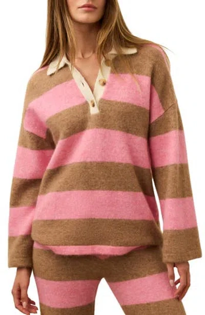 Faherty Apres Stripe Long Sleeve Sweater Polo In Pink
