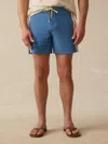 Faherty Retro Surf Mid-length Striped Swim Shorts In Blue Horizon Stripe