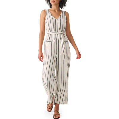 Faherty Catalina Wide Leg Linen Jumpsuit In Navy/white Stripe