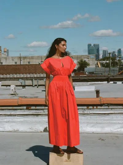 Faherty Coastal Poplin Elia Smocked Dress In Red