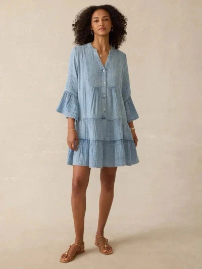 Faherty Gauze Kasey Tiered Dress Womens Light Indigo Cotton Pullover Gbo1511 In Blue