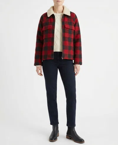 Faherty Legend High Pile Fleece Cropped Jacket In Red Black Buffalo