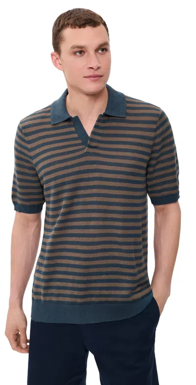 Faherty Linen Sweater Polo Top Navy Cedar Stripe In Animal Print