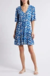 Faherty Orinda Tie Waist Button-up Crepe Minidress In Blue Luau Floral