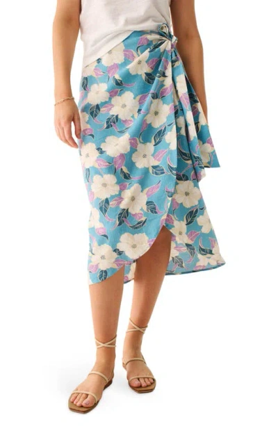 Faherty Pacifica Floral Linen Blend Wrap Midi Skirt In Summer Sky