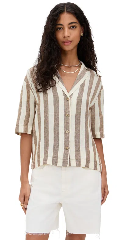 Faherty Palma Linen Camp Shirt Cocoa Beach Stripe In Brown