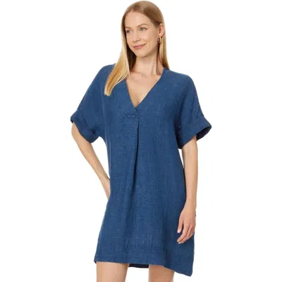 Faherty Sanibel Dress Small Indigo 100% Linen Textured V-neck Ddr2676 In Blue