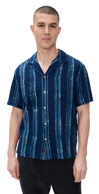 Faherty Short Sleeve Indigo Camp Shirt Northern Blue Indigo Stripe