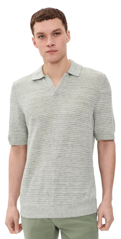 Faherty Short Sleeve Linen Sweater Polo Beach Tree Stripe In Gray