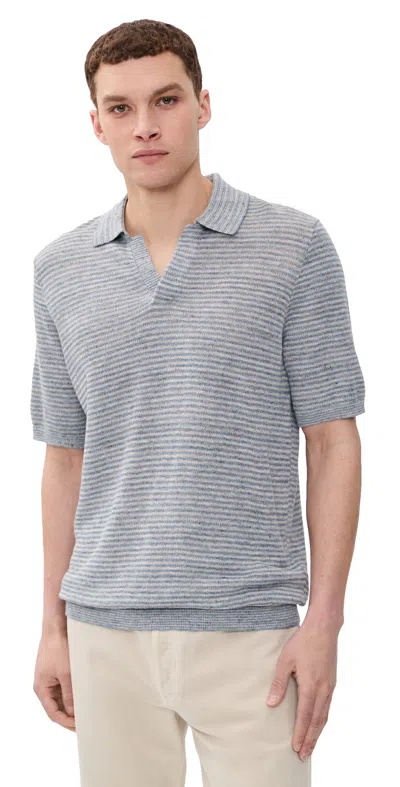 Faherty Short Sleeve Linen Sweater Polo Shore Rock Stripe In Gray