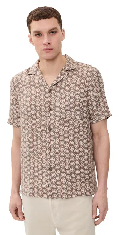 Faherty Short Sleeve Palma Linen Camp Shirt Shore Sun Woodblock In Brown