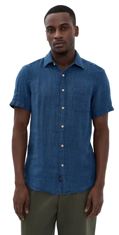 Faherty Short Sleeve Palma Linen Shirt Indigo Basketweave In Blue