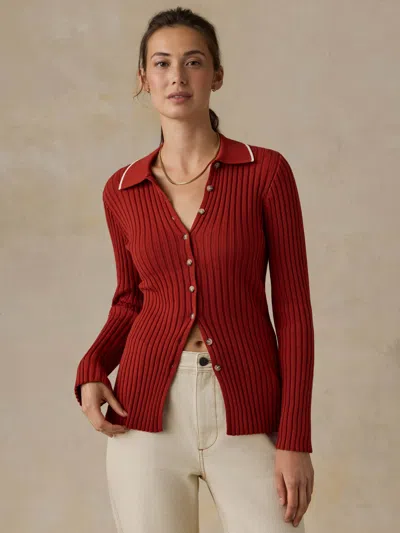 Faherty Sunwashed Cotton Ribbed Cardigan In Red Ochre