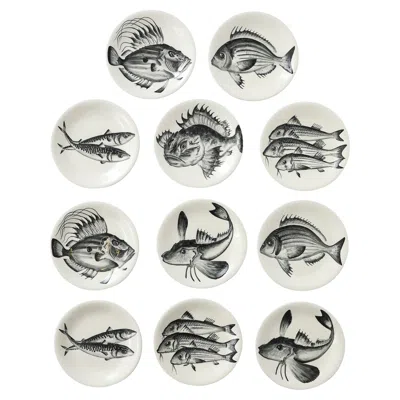 Pre-owned Faience Manufacturing Company French Hand Decorated Fish Plates In Gray