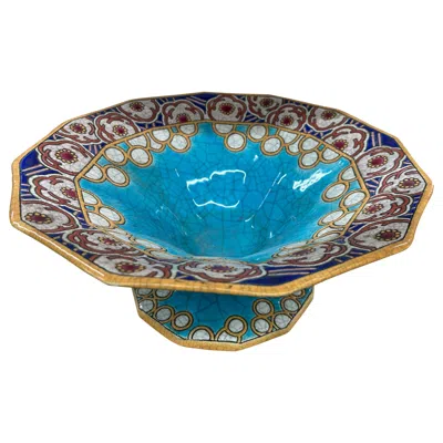 Pre-owned Faïenceries Et Emaux De Longwy French Art Deco Compote Or Bowl By Longwy In Blue