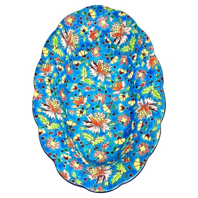 Pre-owned Faïenceries Et Emaux De Longwy Hand-painted Longwy Oval Enameled Dish With Turquoise Floral Design In Blue