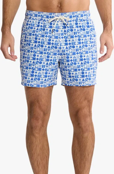 Fair Harbor Bungalow Tile Print Water Repellent Swim Trunks In Blue