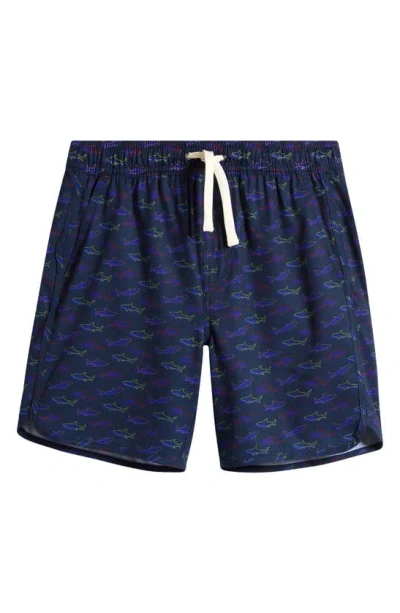 Fair Harbor Kids' Anchor Swim Trunks In Navy Neon Sharks