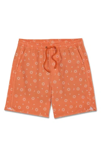 Fair Harbor Kids' The Anchor Tropical Print Water Repellent Swim Trunks In Orange
