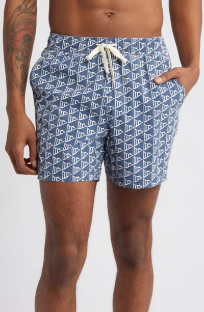 Fair Harbor The Bungalow Leaf Print Swim Trunks In Navy Windy Flags
