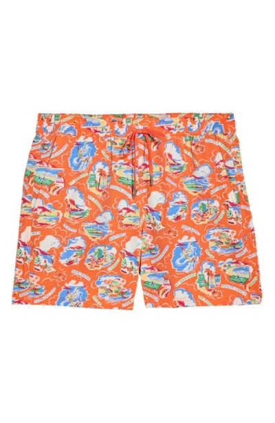 Fair Harbor The Bungalow Print Swim Trunks In Orange