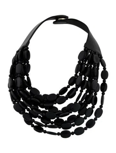 Pre-owned Fairchild Baldwin Leather & Bead Bella Multistrand Collar Necklace, 18" In Black